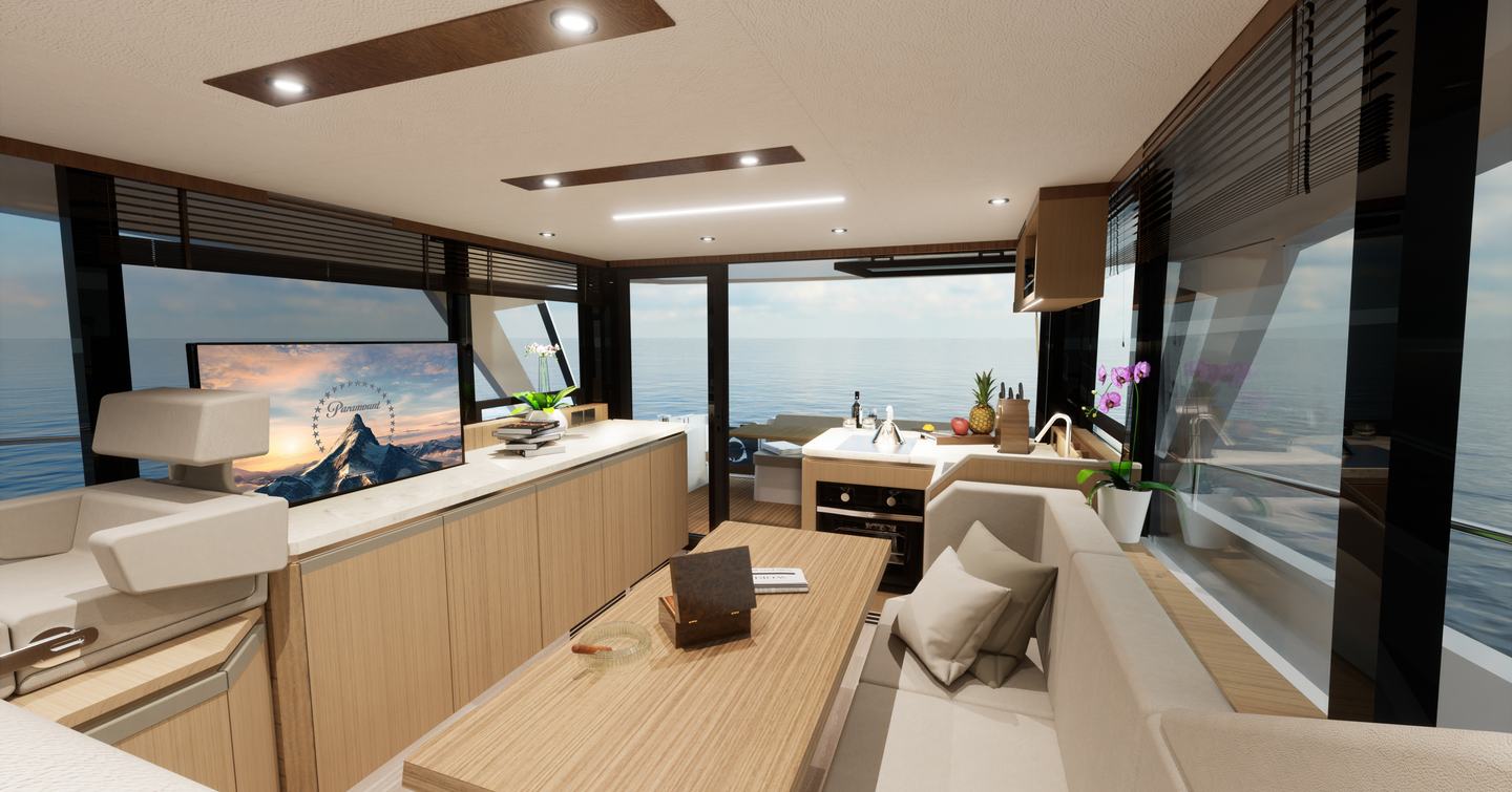 Main saloon on motor yacht Greenline 42 with open plan living and sofa area