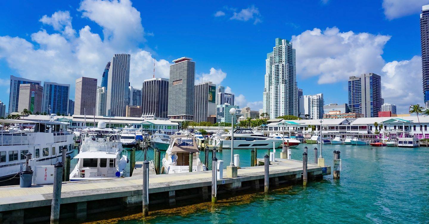 Marina in Miami with motor yachts berthed