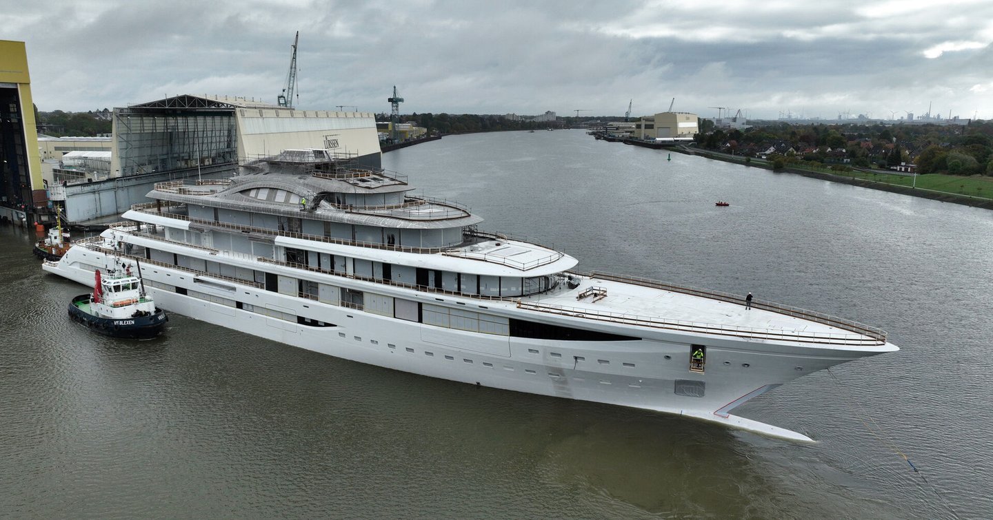 Superyacht Project Defy pre-oufitting and under construction outside Lurssen's shipyard