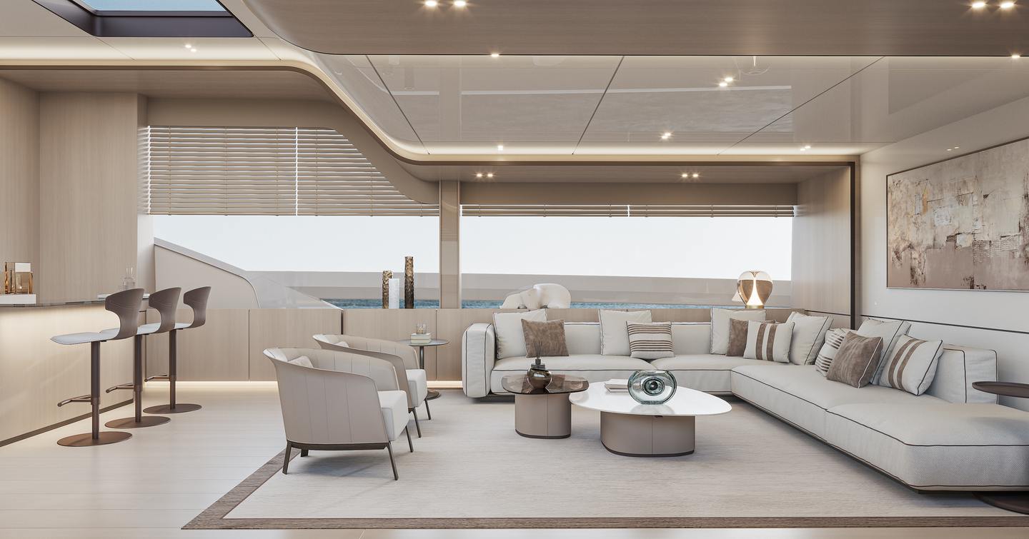 Rendering of Extra X110 Fast motor yacht main saloon with L-shaped sofa and coffee table