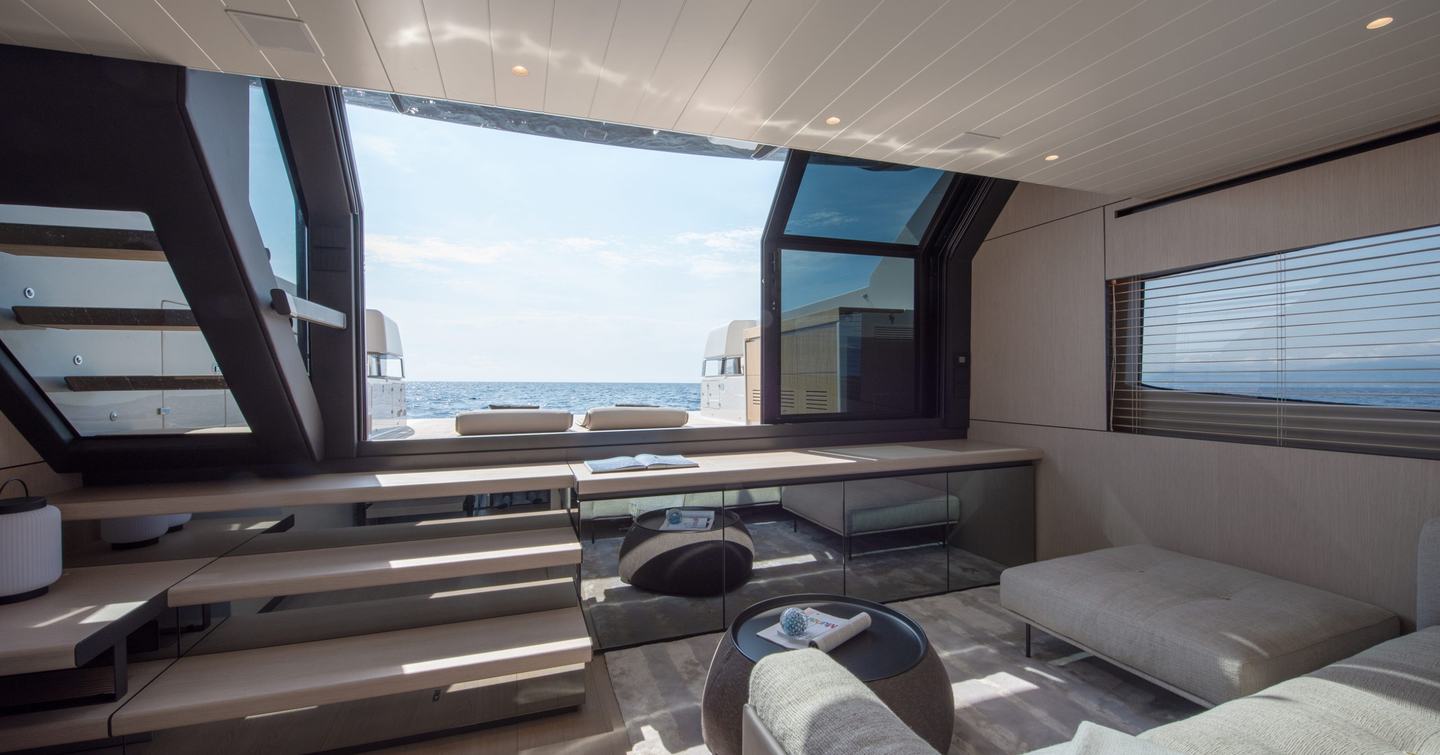 Bluegame BGX63 motor yacht aft deck interior 