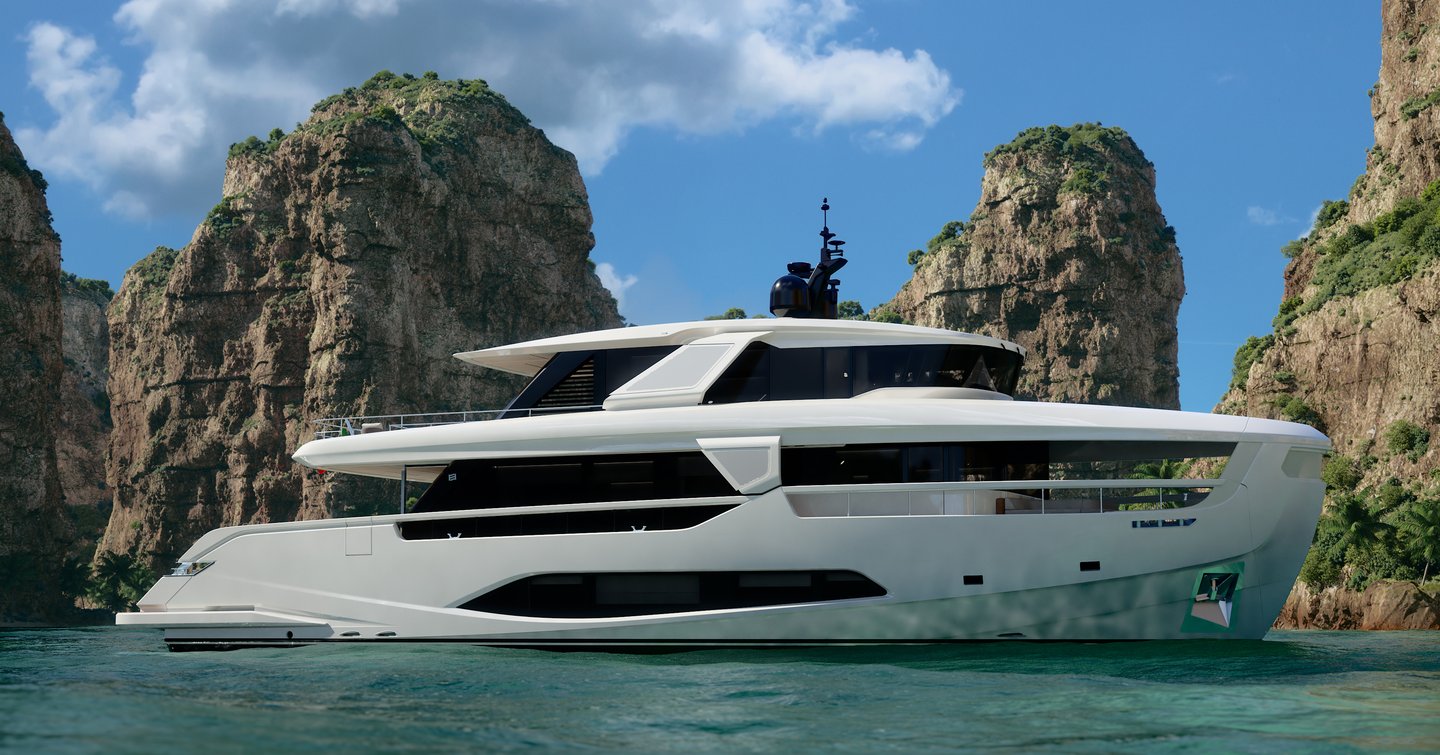 Ferretti INFYNITO 90 starboard aspect at anchor