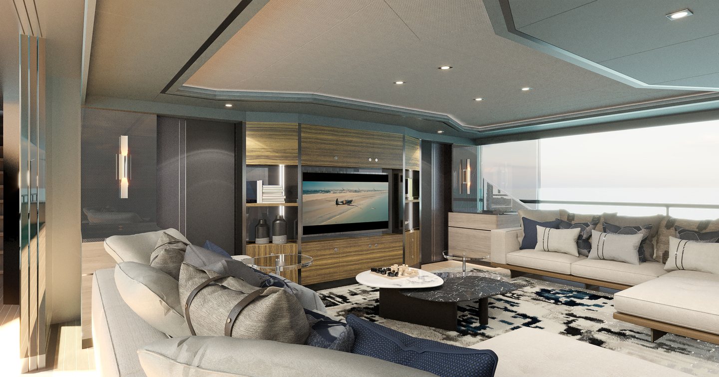 Motor yacht Spitfire main saloon with camouflage decor and widescreen television