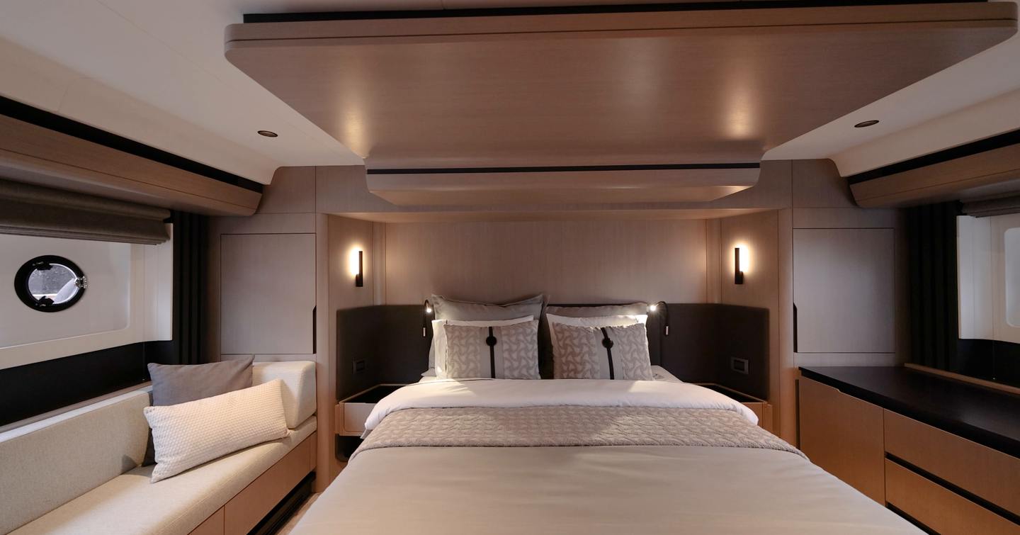 Sirena 48 full-beam owner’s cabin with double bed and sofa