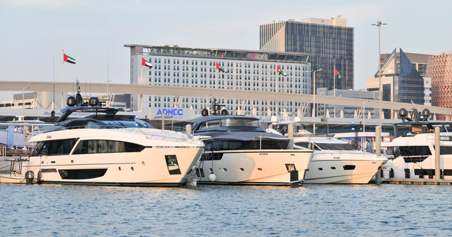 Motor yachts berthed outside the ADNEC in Abu Dhabi