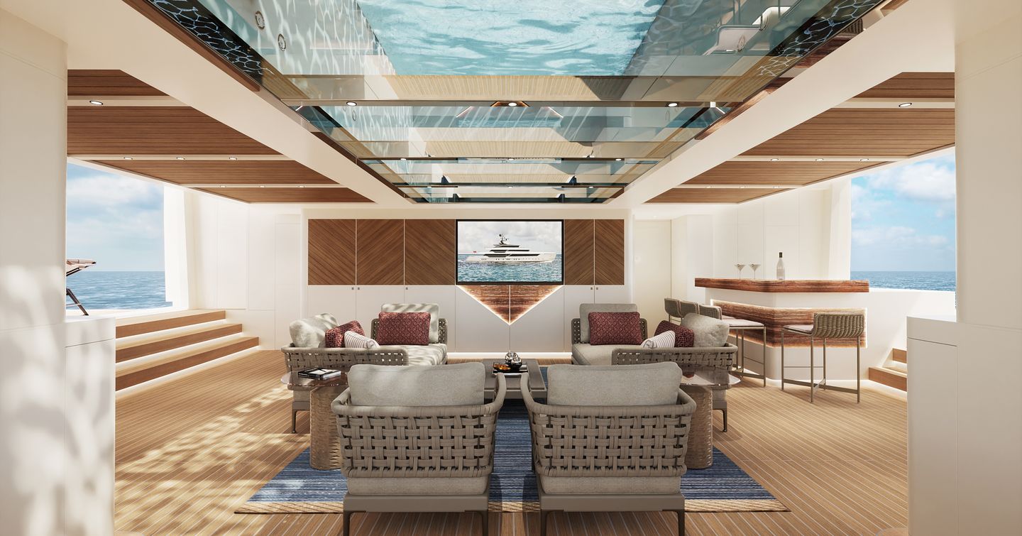 Rendering of Sanlorenzo 58Steel superyacht interior beach club with glass bottom pool