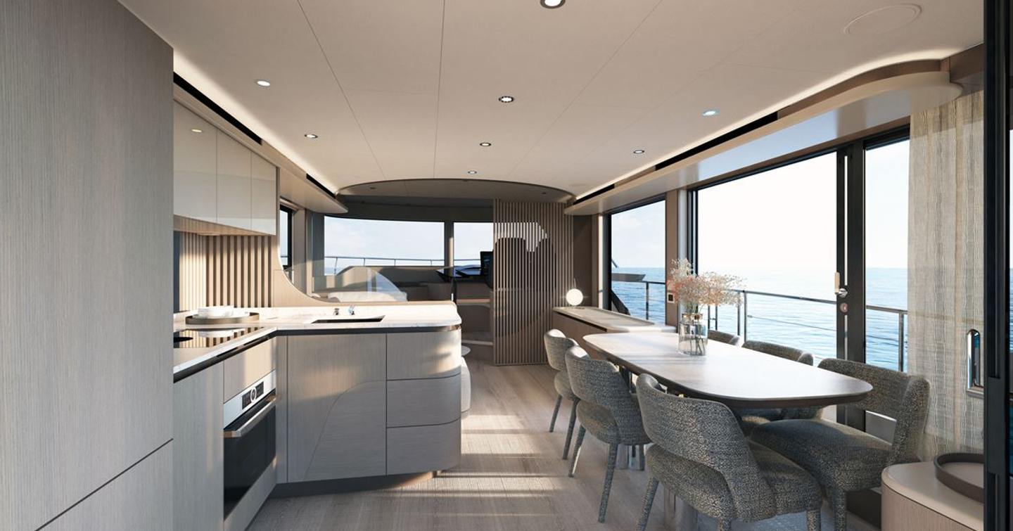 Rendering of Absolute Navetta 58 motor yacht indoor dining area and galley