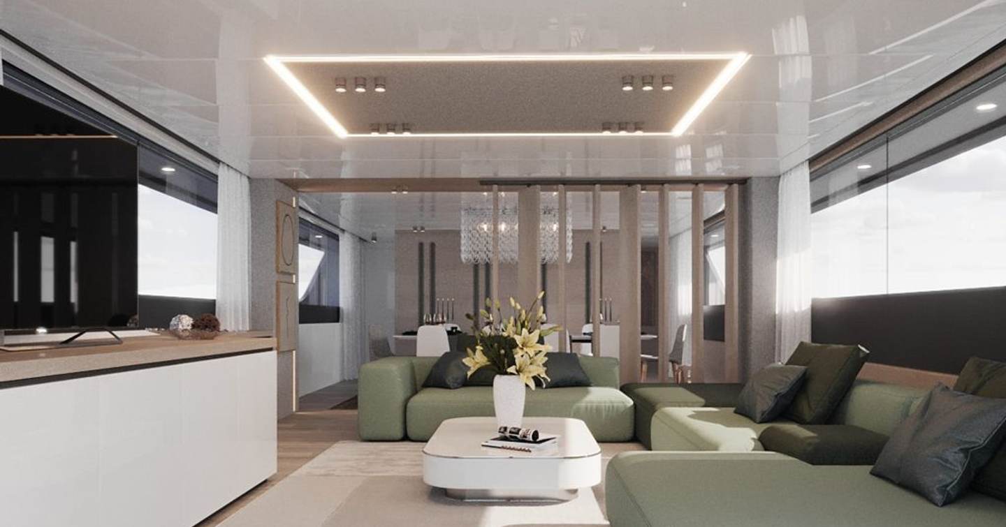 Rendering of Tecnomarine TM45 superyacht saloon with green L-shaped sofas 