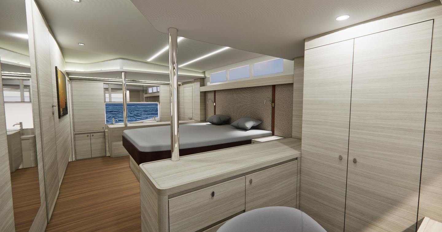 Guest cabin rendering with double berth and storage onboard Aquila 46 Yacht