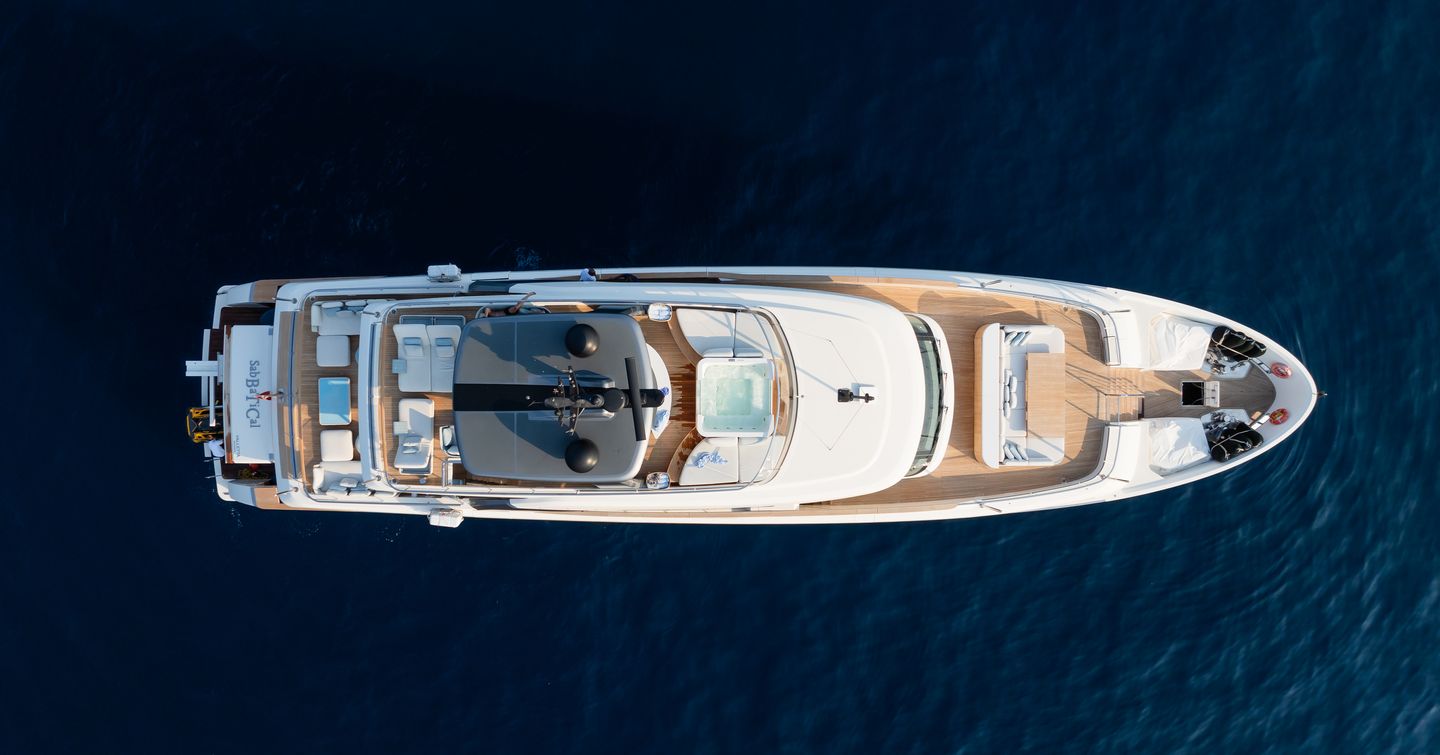 Superyacht SabBaTiCal overhead view in calm sea