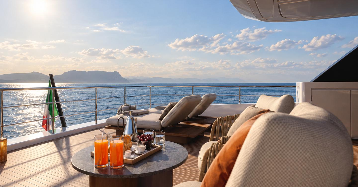 Rendering of Ferretti INFYNITO 100 Superyacht upper aft deck sun loungers 