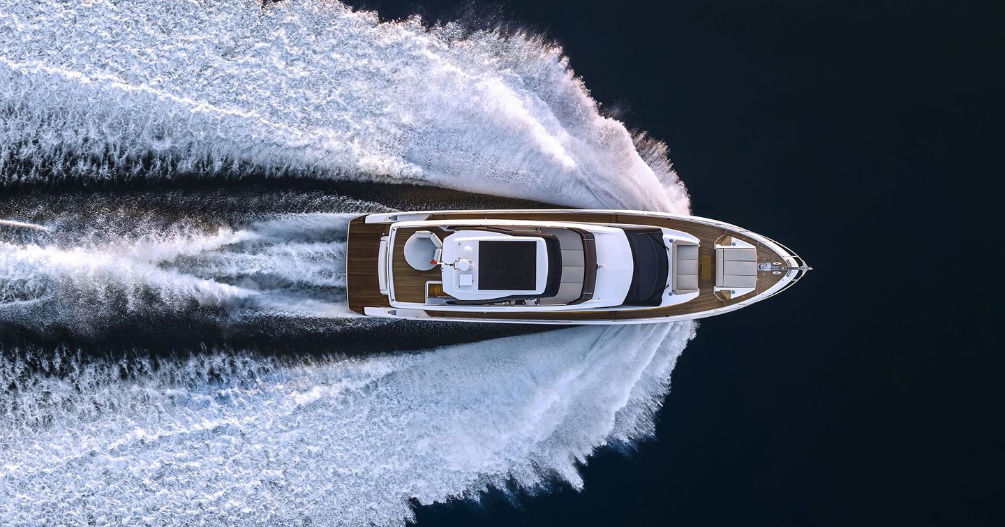 Ferretti 720 underway aerial view 