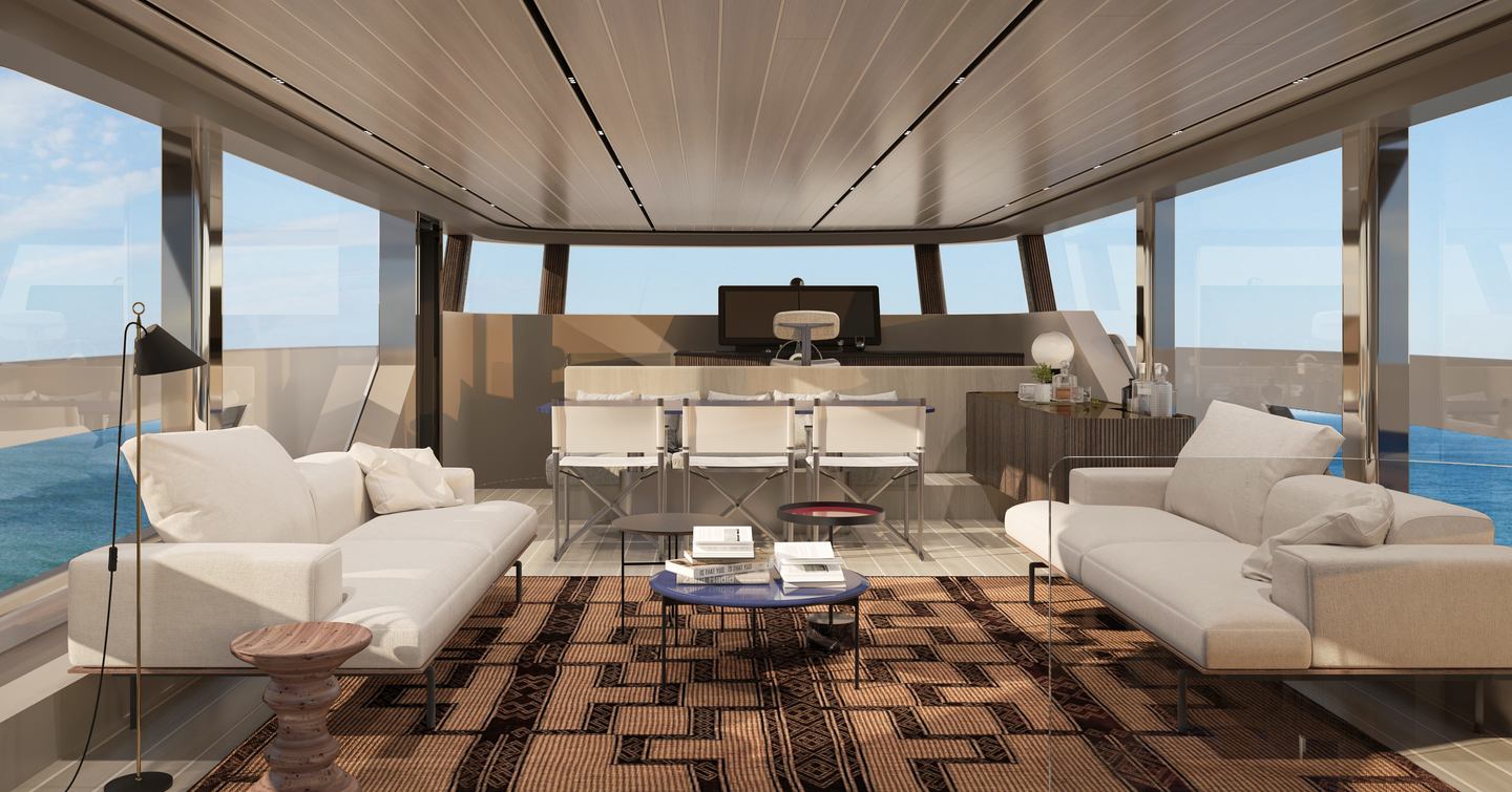 Rendering of Bluegame BGX83 motor yacht interior with shite furniture and geometric carpets 