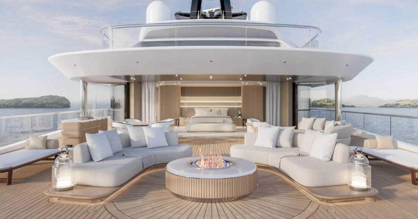 Admiral Project SPYDER's private owner's deck with sofas and firepit