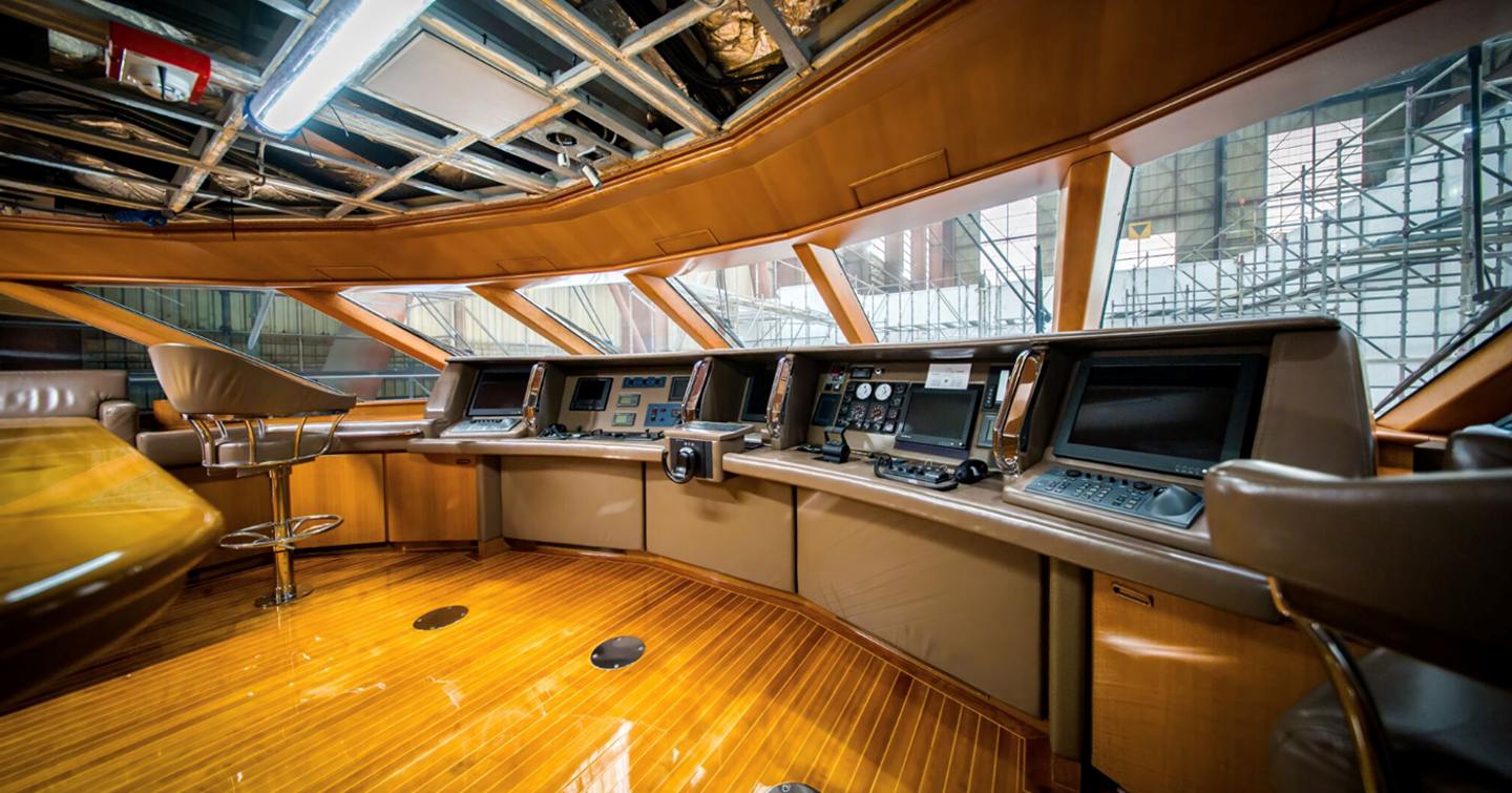 Feadship Superyacht Ice Bear pilothouse in shipyard under refit 