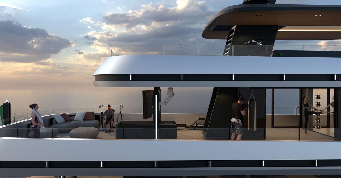 Rendering of Hydro Tec Vagrant explorer yacht upper decks with funnel concept 