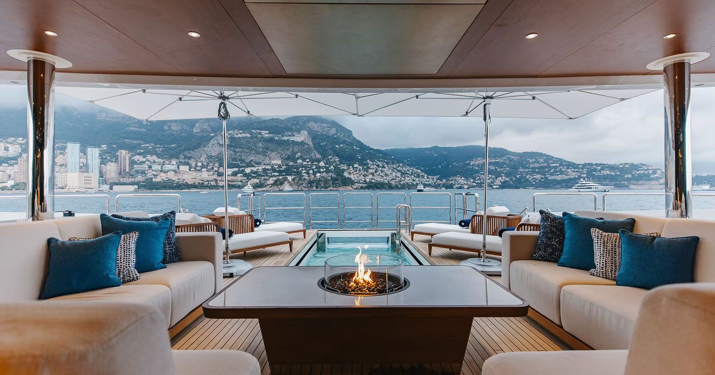 Superyacht Alfa infinity pool and shaded seating post-refit