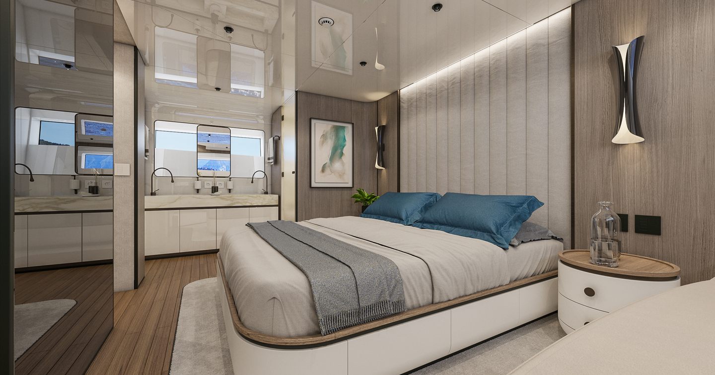 Rendering of second Extra X90 FAST motor yacht master cabin 