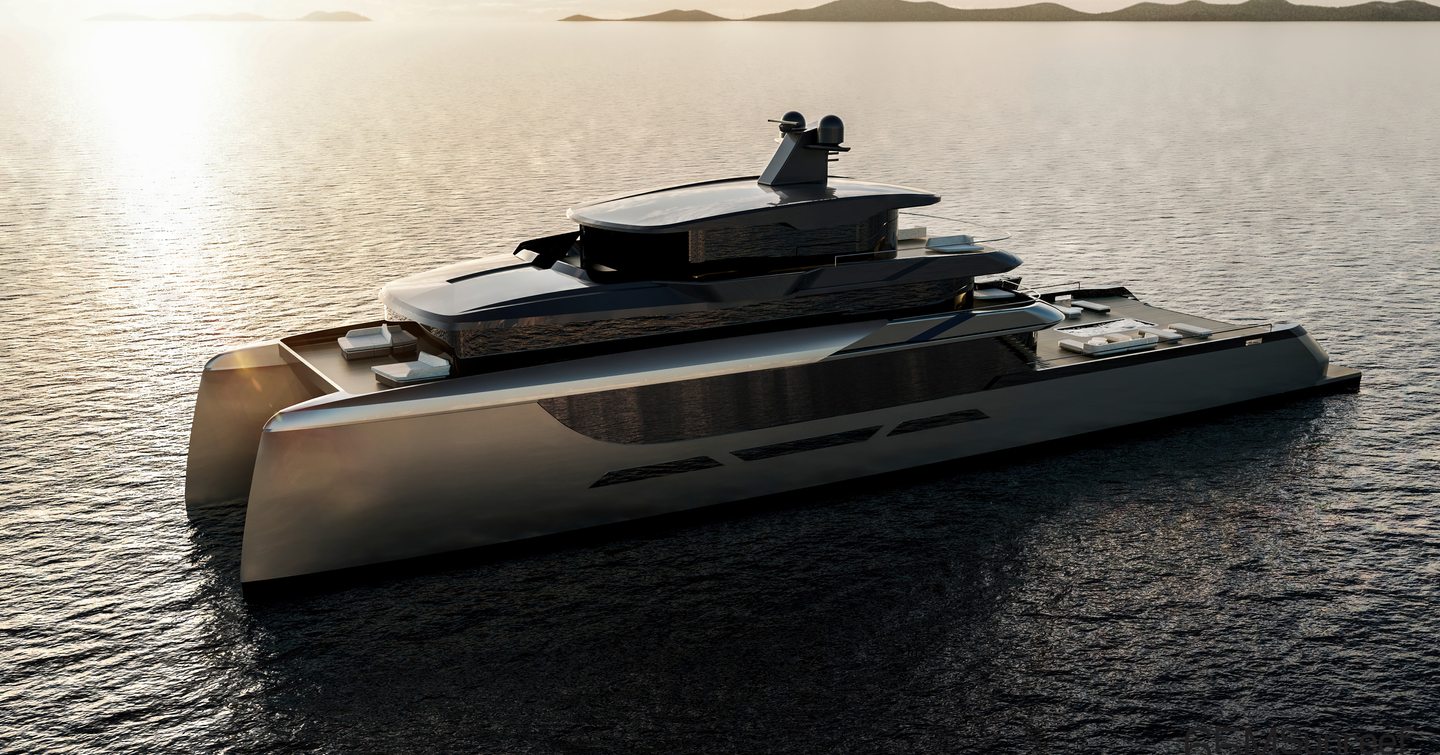 Rendering of the Sunreef 65M Explorer catamaran at anchor 