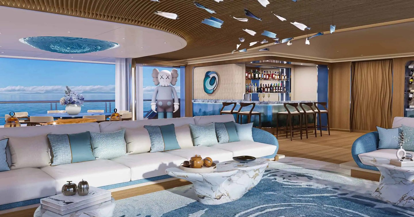Rendering of superyacht Project Life's main saloon with KAW's Companion statue