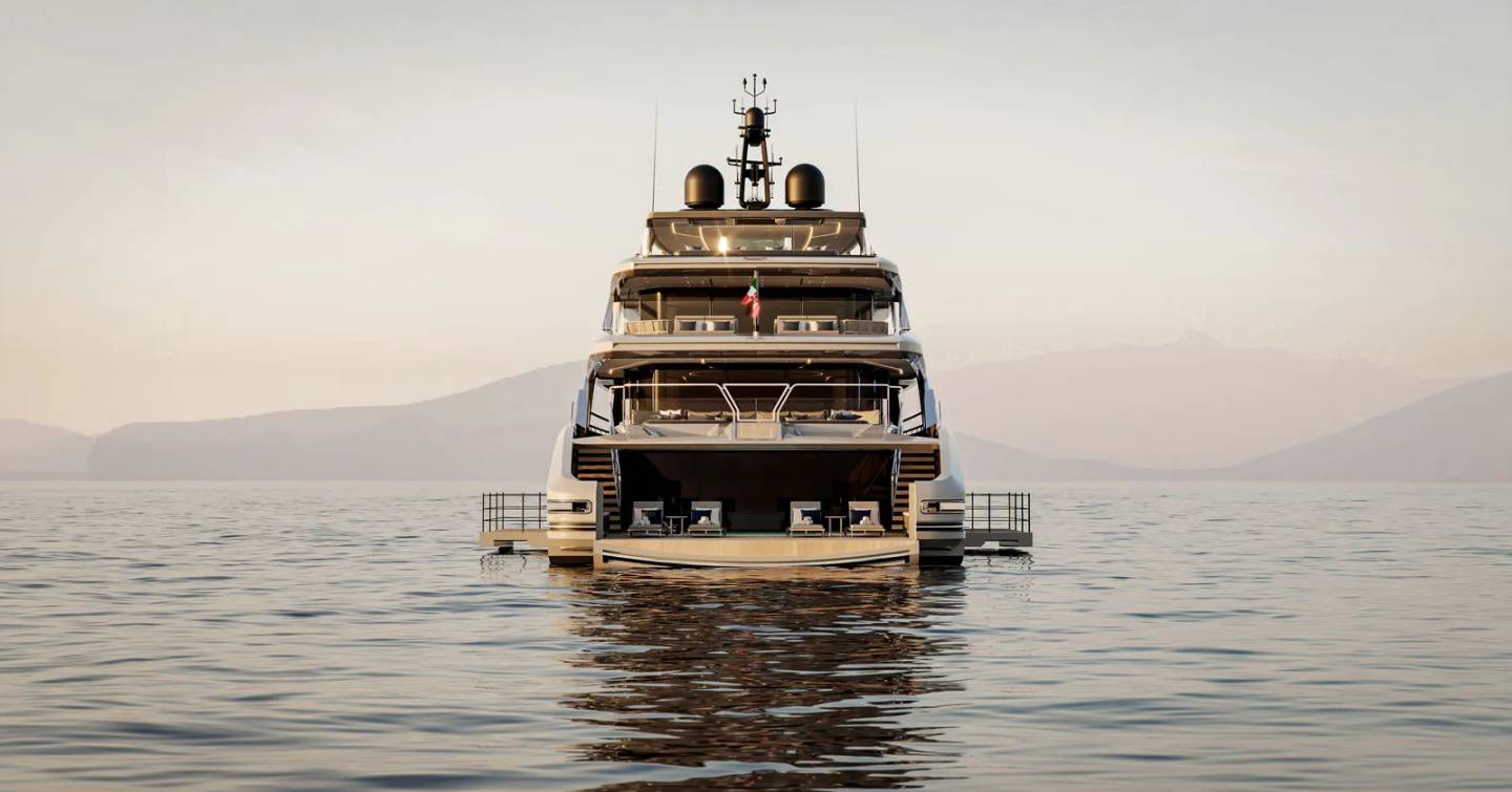 Rendering of the Baglietto T60 superyacht stern with fold down aft balconies 