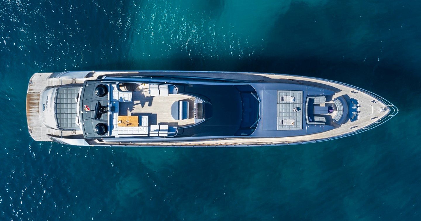 Pershing motor yacht Aldebaran III at anchor aerial view 
