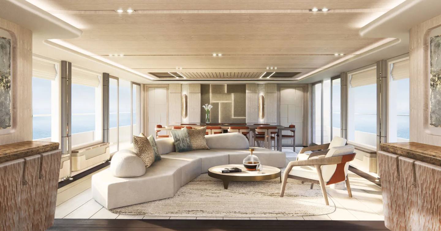 Rendering of Mengi Yay NL 50 Plus superyacht main saloon with curved white seating and aft dining area 