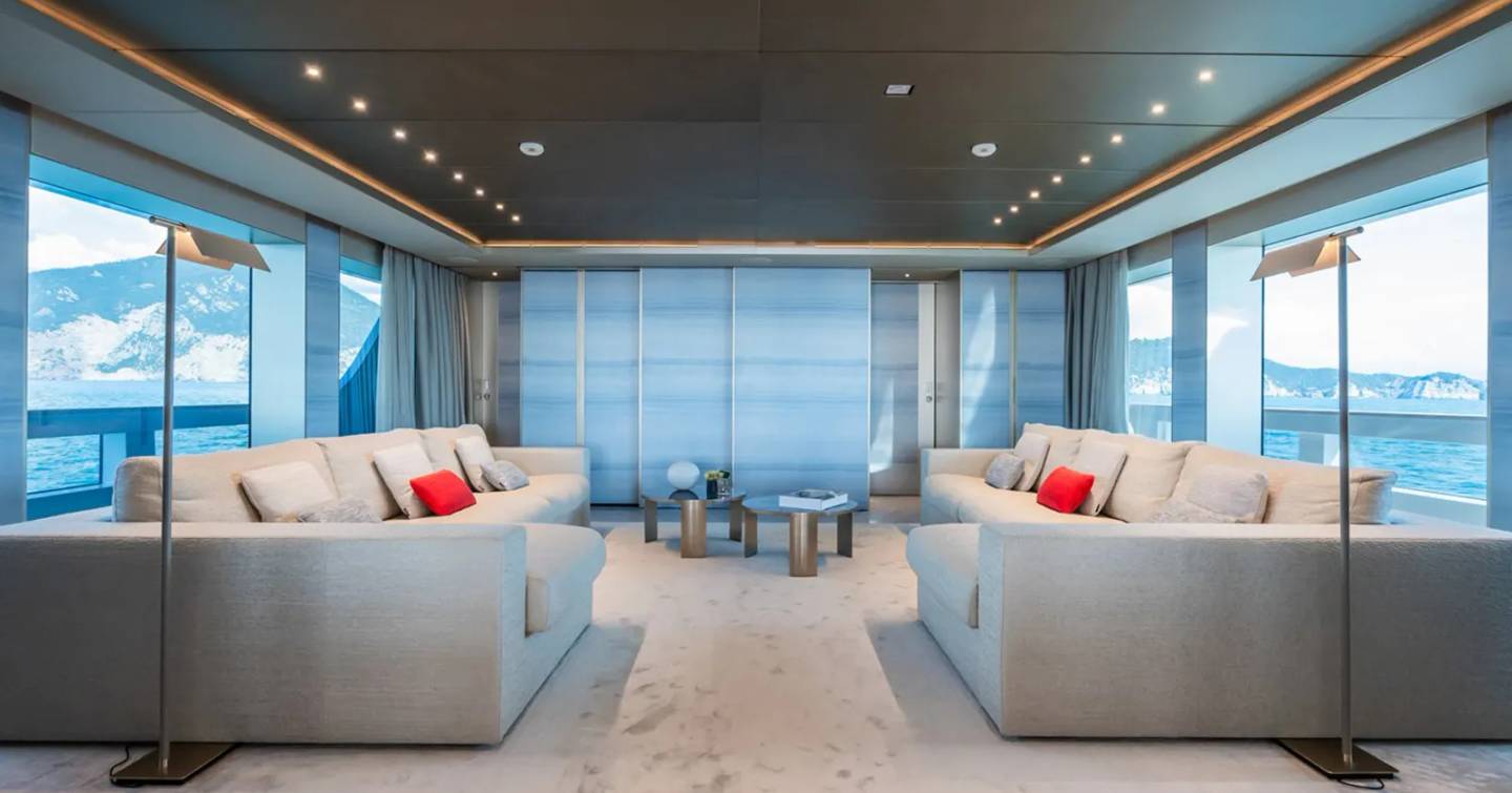 Superyacht Silver Star I main saloon with dual grey sofas