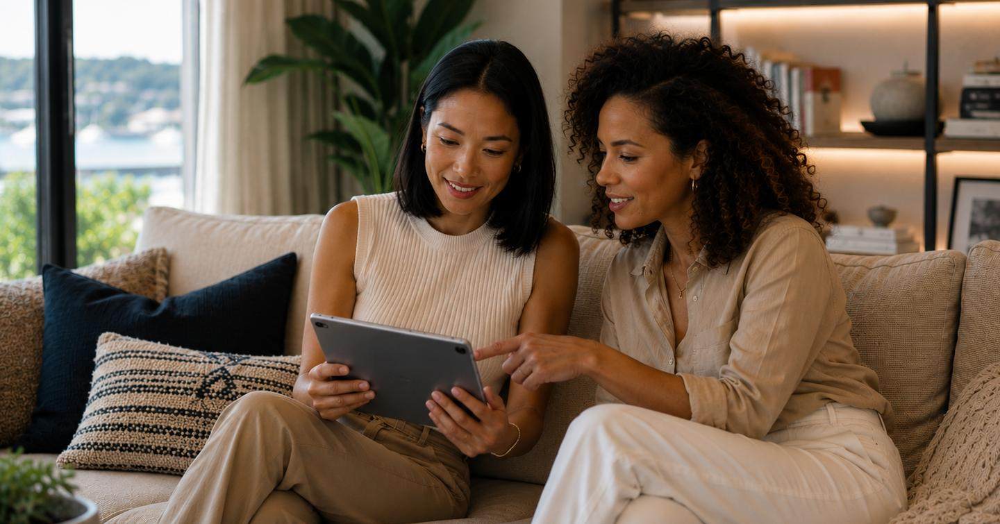 Couple planning holiday on tablet 