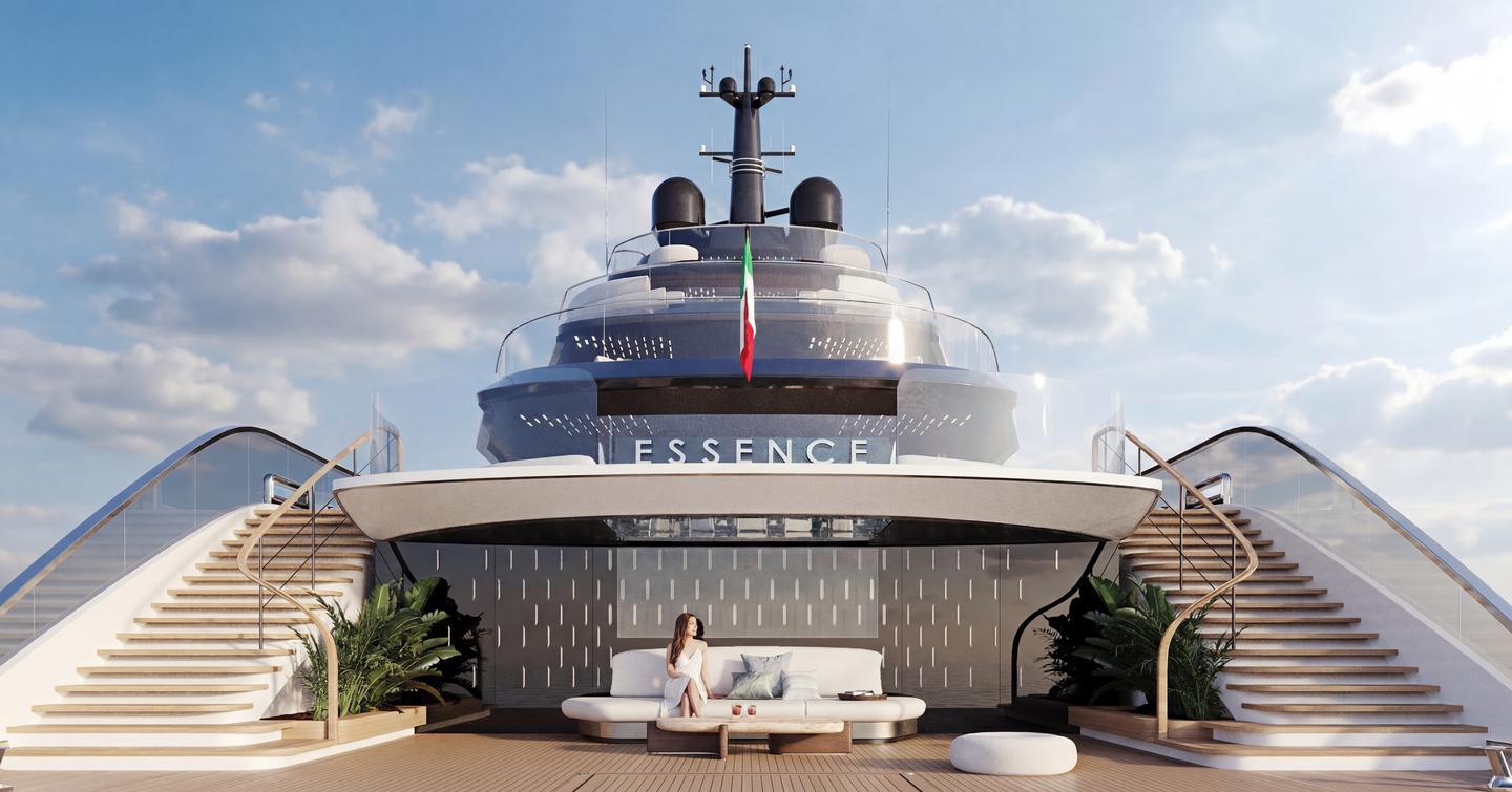 Rendering of ISA Large Yacht Collection Essence 82m superyacht stern with woman relaxing on white sofa 