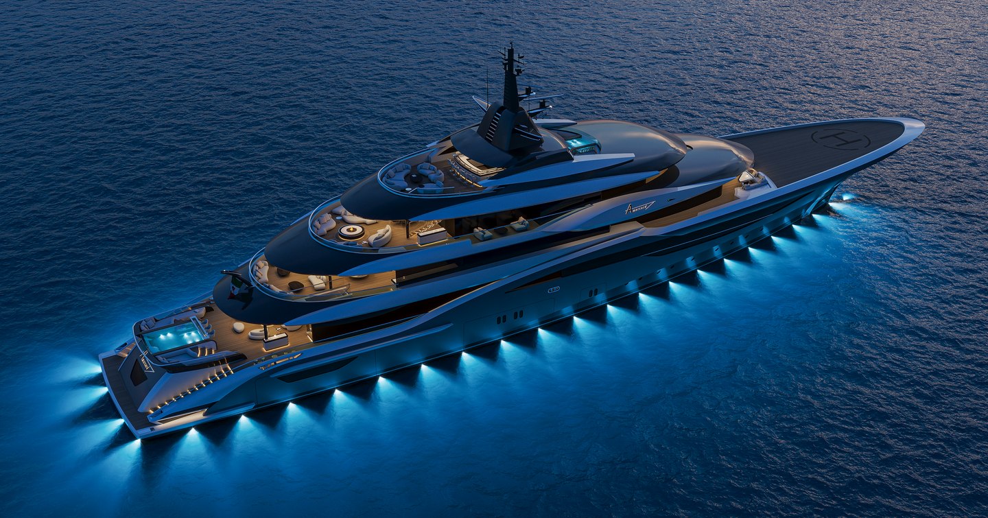 Aerial Rendering of ISA Amarcord 82 superyacht at anchor with underwater lights 
