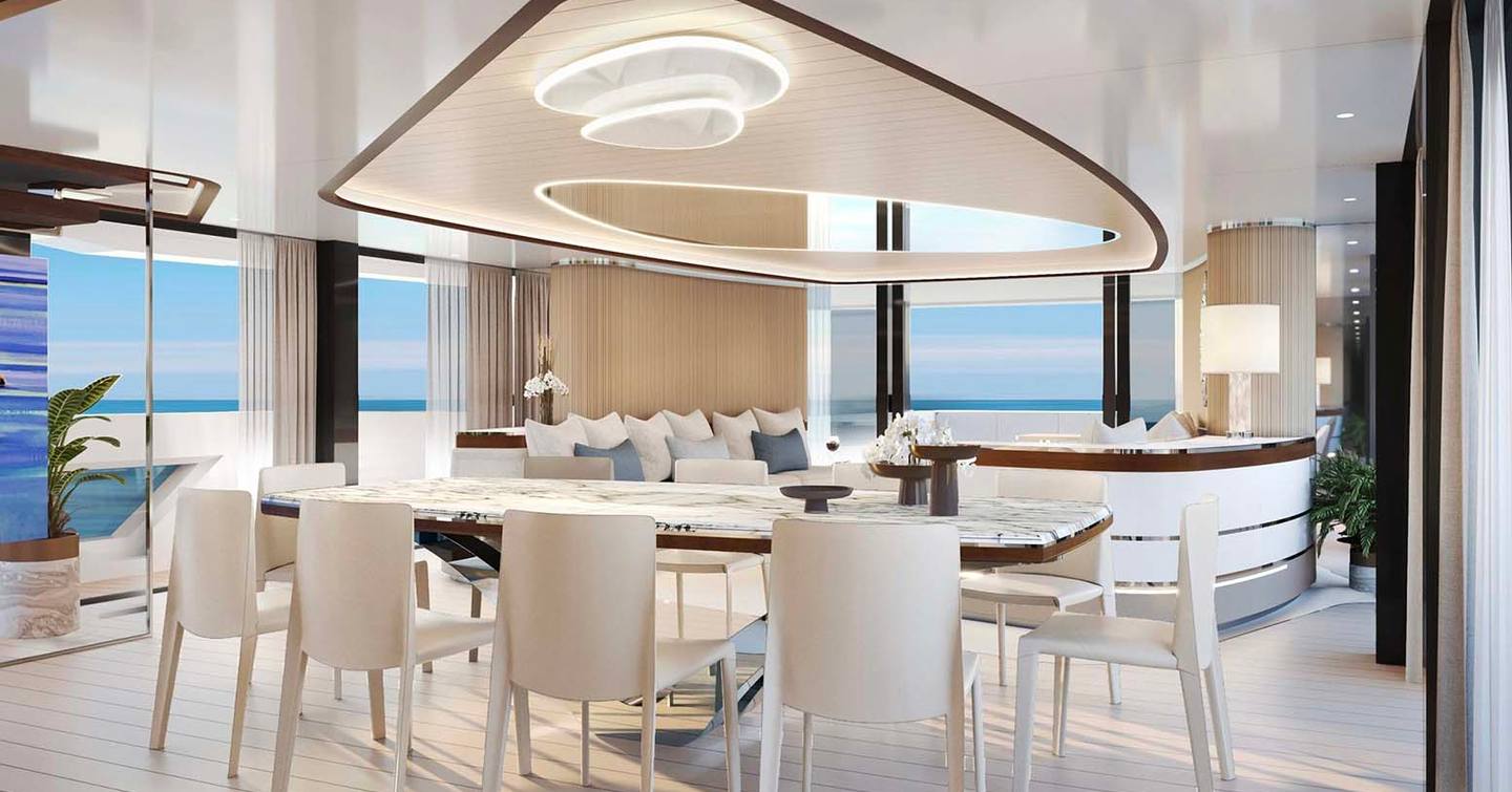 Rendering of Amer 42 Explorer Yacht Even Further saloon with white dining table and chairs with abstract white LED lighting 
