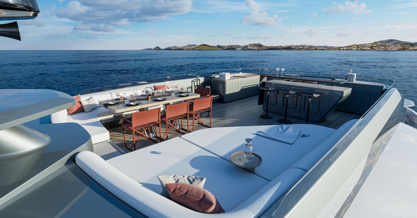 Rendering of Extra Yachts X100 Triplex motor yacht sundeck with alfresco dining and bar area 