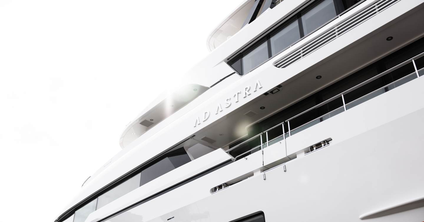 Close up of superyacht Ad Astra name emblem 