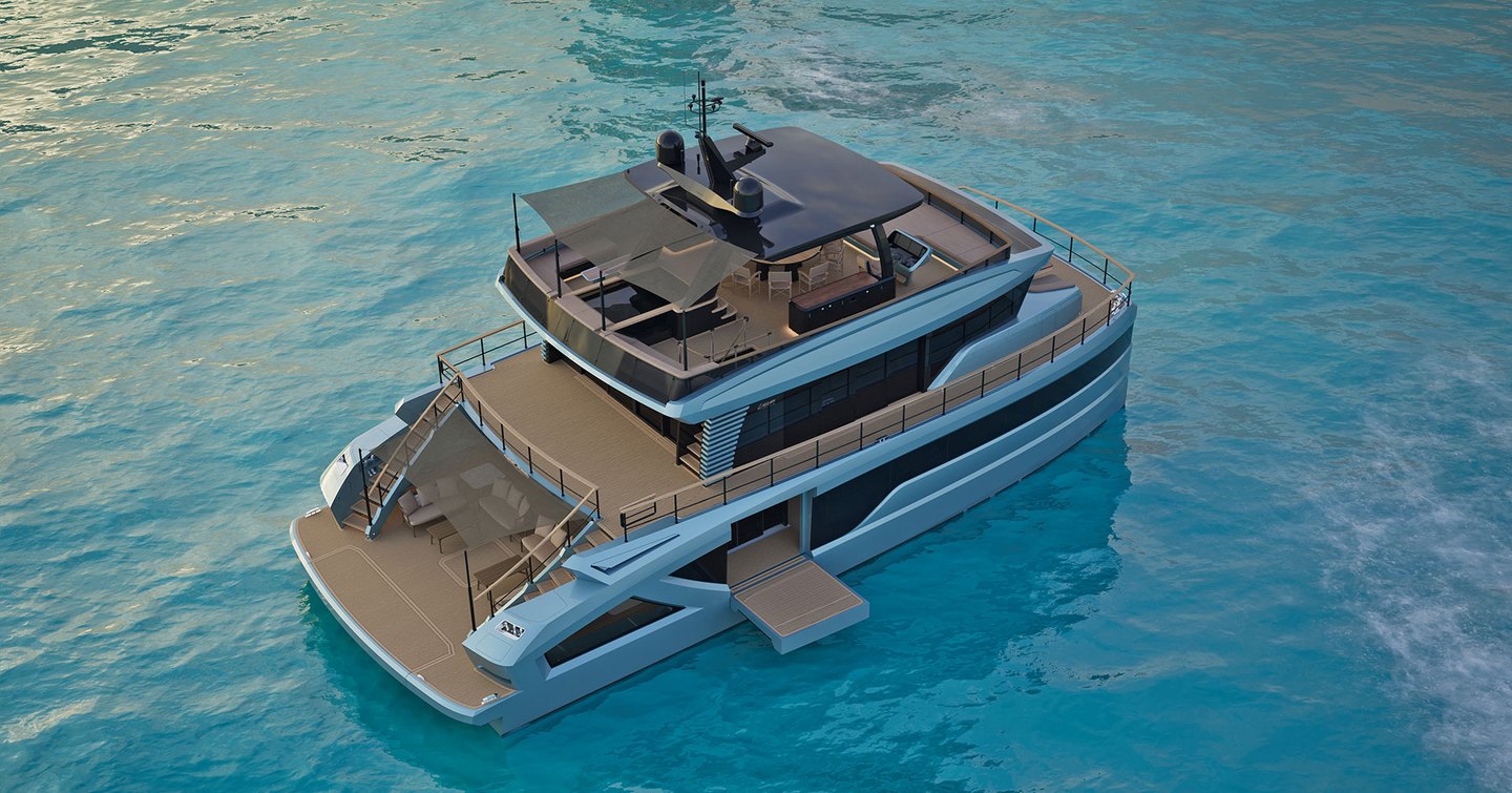 Aerial Rendering of Lazzara LPC 300 catamaran at anchor