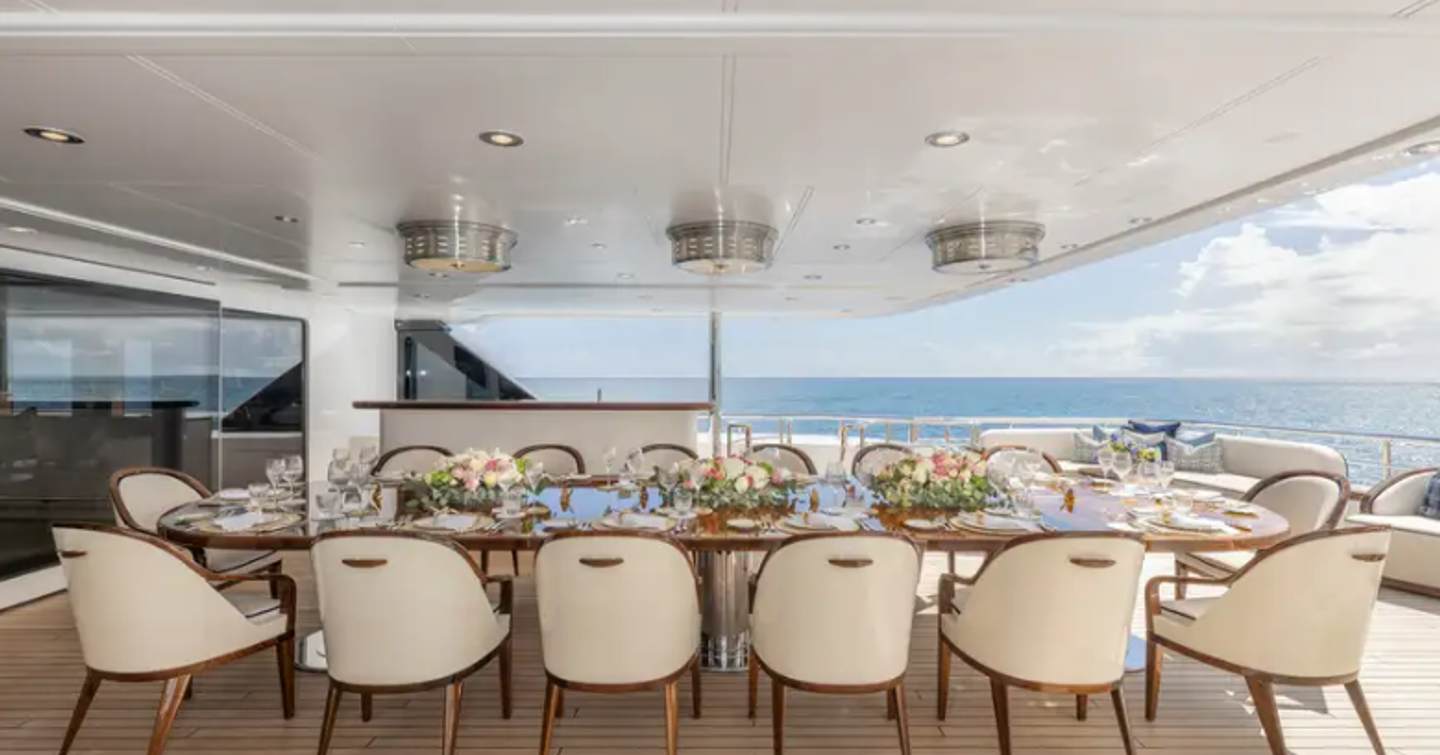Superyacht Gigia aft deck shaded al fresco dining
