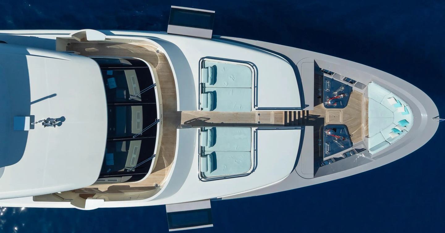 Aerial view of Sanlorenzo SD126 Motor Yacht Kia Ora bow seating