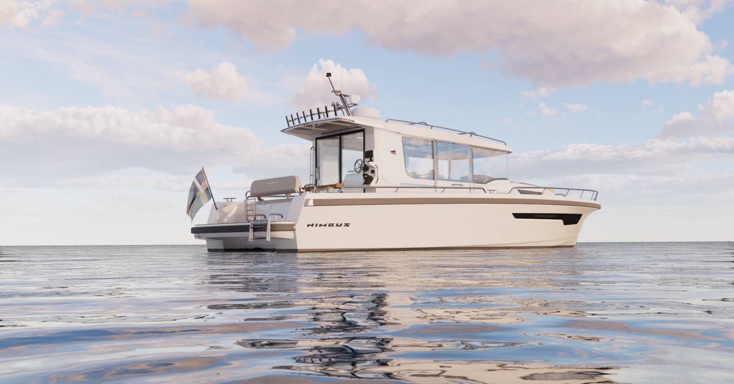 Rendering of Nimbus Commuter 12 boat at anchor on calm water 