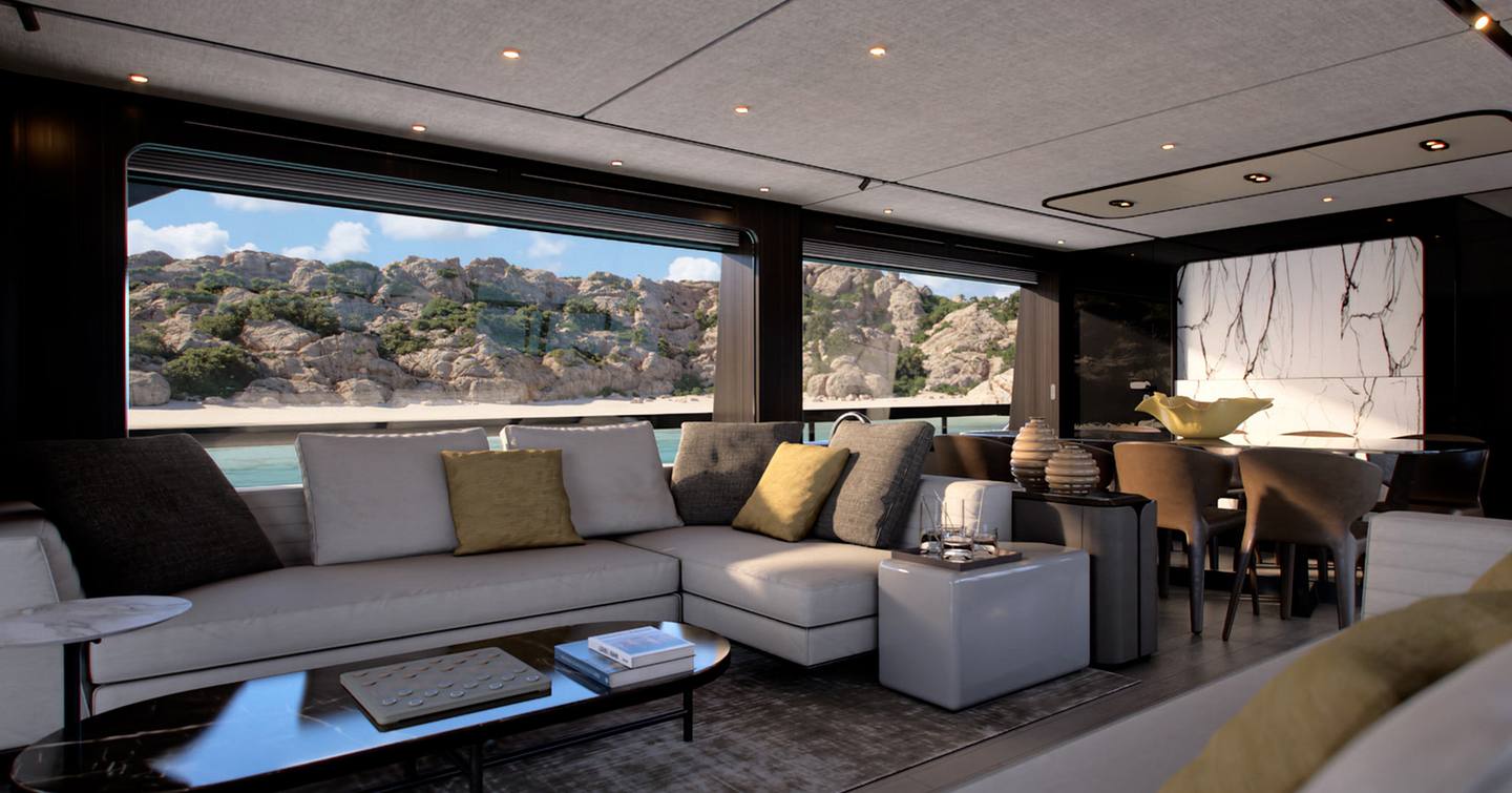 Rendering of L shaped sofa in the new Ferretti 940