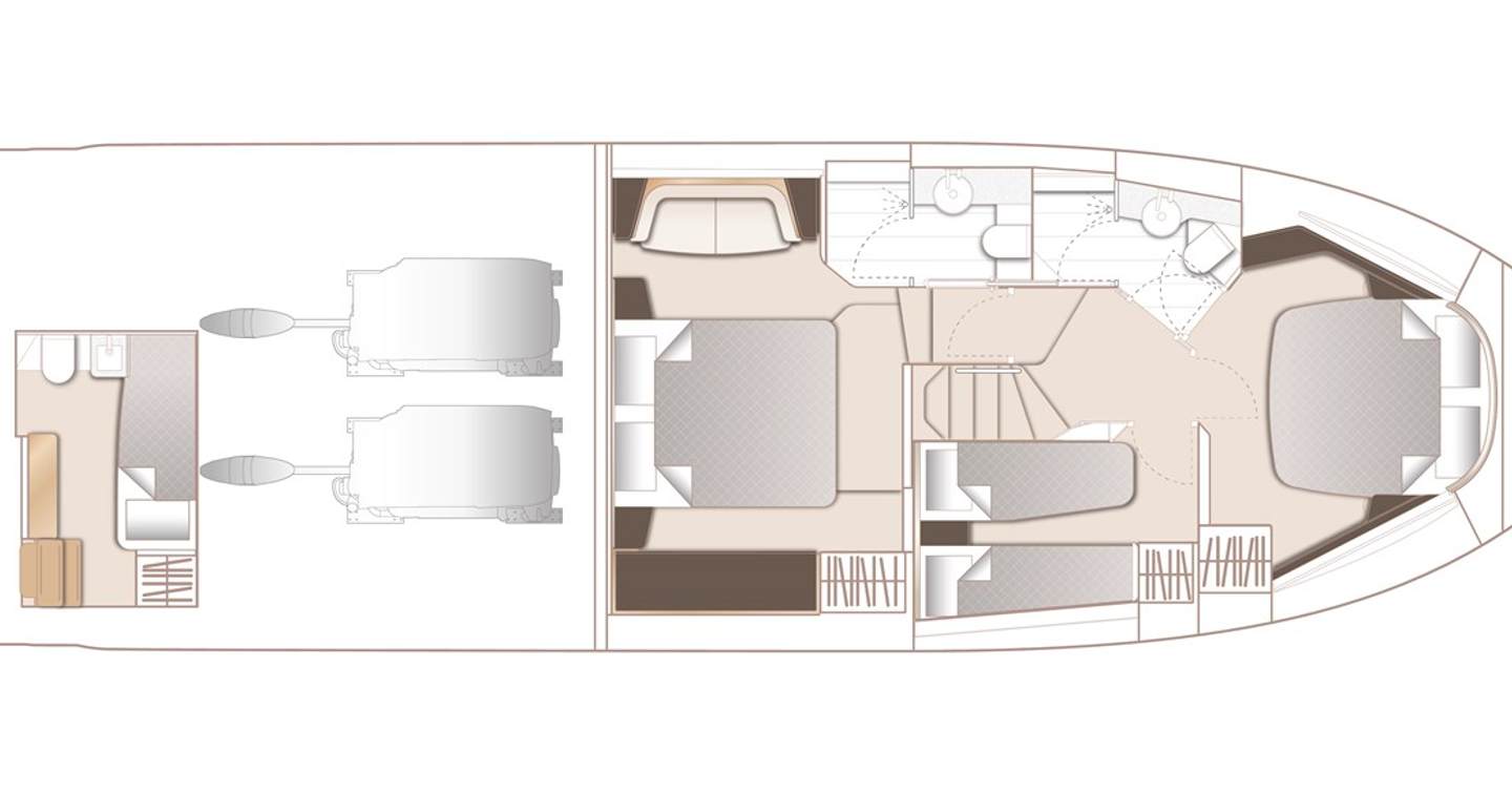 Floor plan of the lower deck on motor yacht F54, with 3 bedrooms and an optional crew cabin