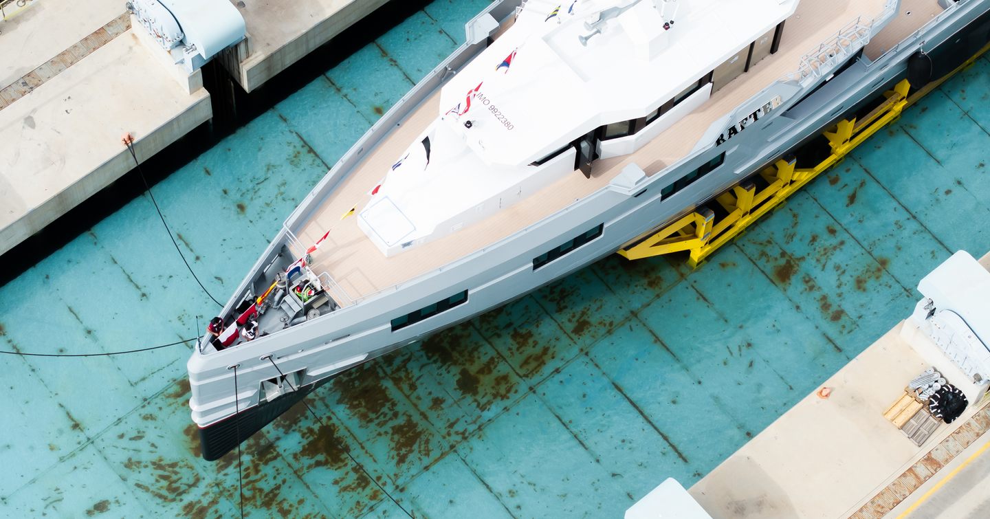 Aerial view of Damen YS 53 support vessel Rafter foredeck on way to launch