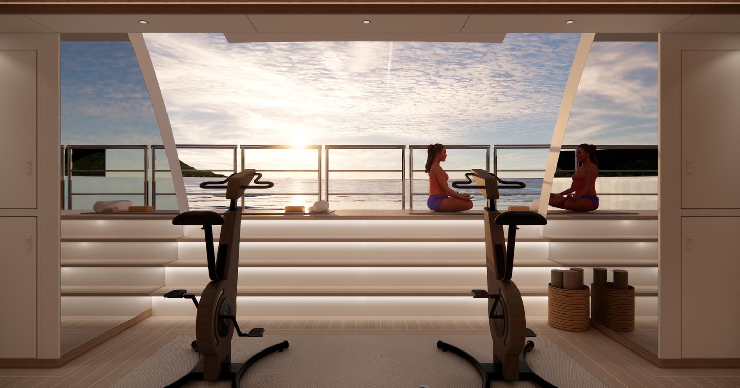 Rendering of superyacht Project Discovery indoor gym with woman doing yoga outside
