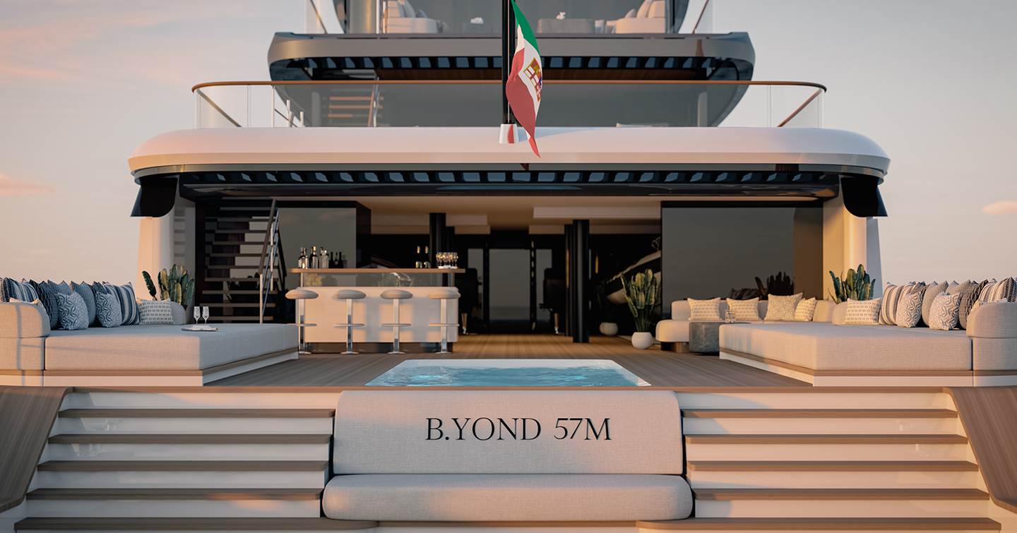 Rendering of Benetti B.Yond 57M superyacht stern with infinity pool