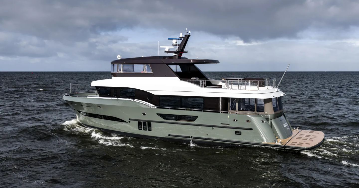 Second Steeler Ocean Explorer 85 motor yacht Moss under way on sea trials 