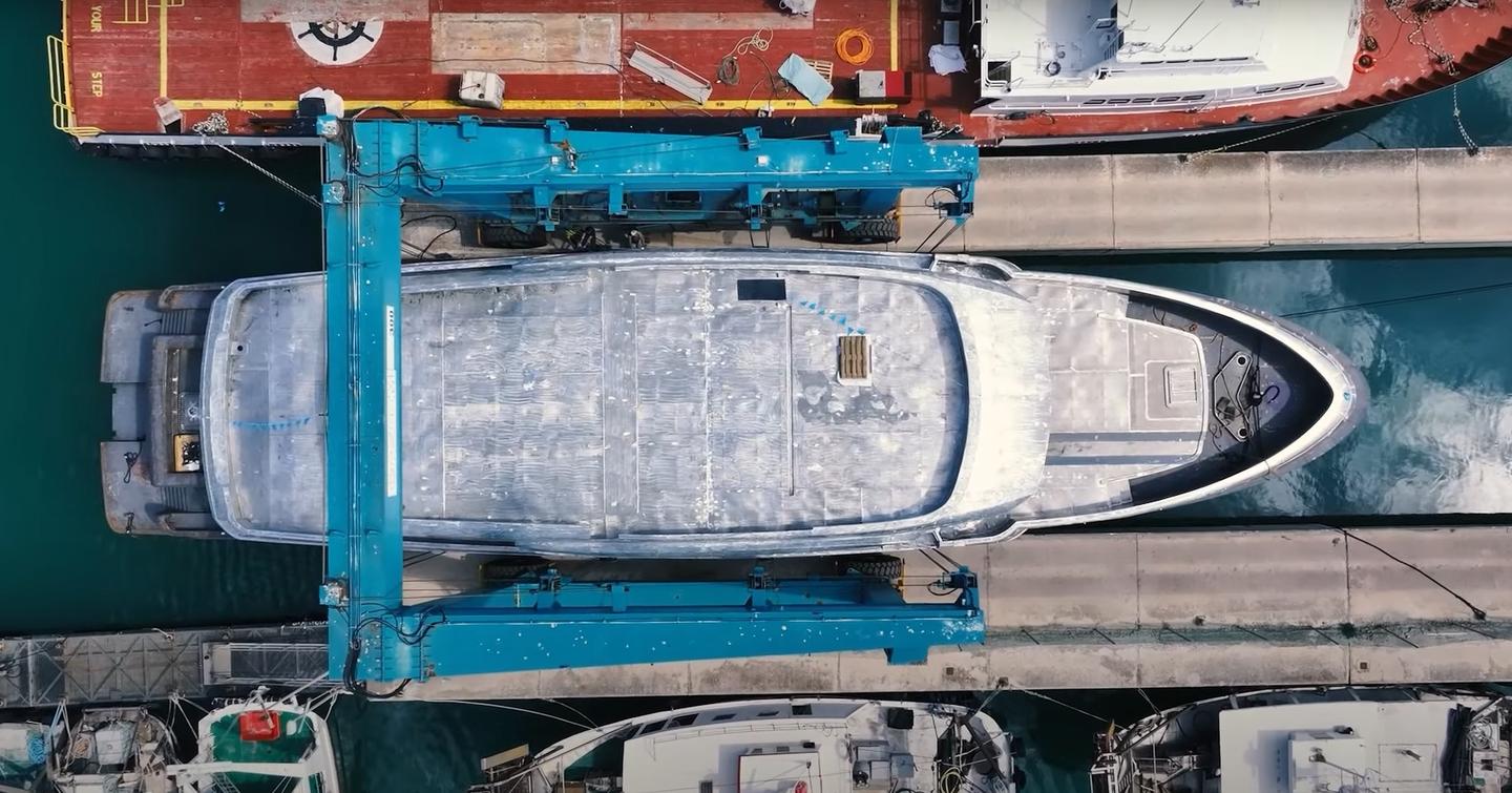 Aerial view of Second CdM Deep Blue 141 Explorer Yacht in water 