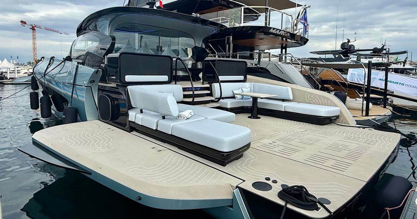 ICONA 70 Motor Yacht aft deck with fold-down terrace at Cannes 2026