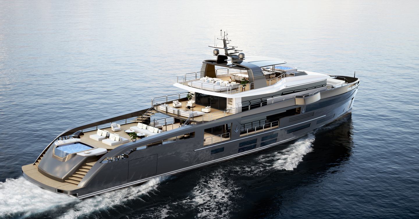Rendering of Antonini Navi SUY135 crossover yacht under way 