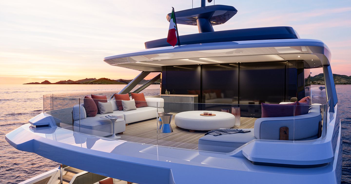 The Extra Yachts X100 Triplex superyacht features a sprawling second deck with contemporary furniture 