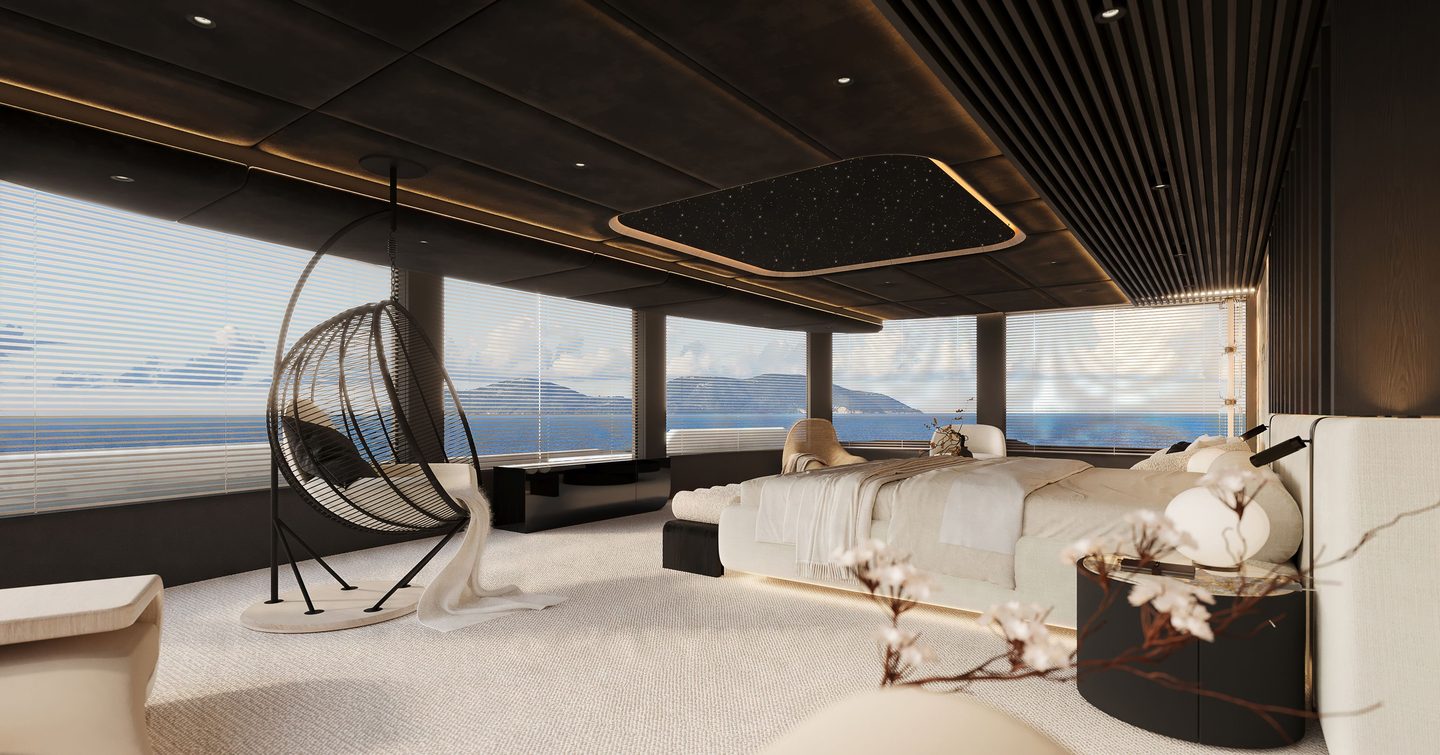 Rendering of Sunreef 65M Explorer catamaran cabin with floating chair 