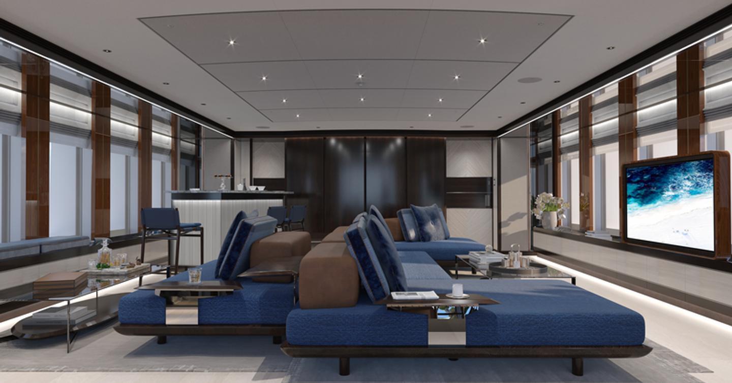 Sundeck lounge onboard the Heesen Project Venus, dark blue seating centre looking out towards large windows.